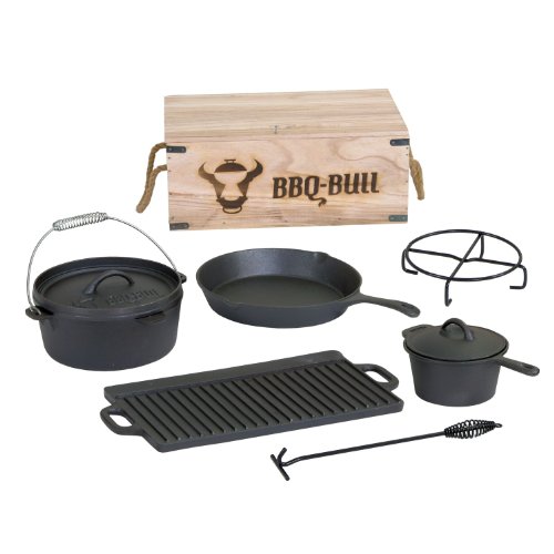 BBQ-Bull® - Dutch Oven Set in Holzkiste gusseisernes Gußeisen Kochtopf, 7-teilig